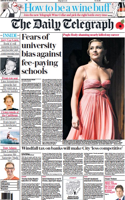 The Daily Telegraph Newspaper Front Page for 29 October 2022
