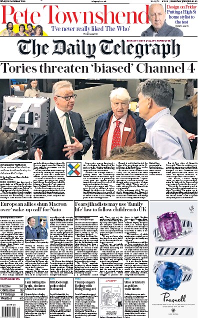 The Daily Telegraph (UK) Newspaper Front Page for 29 November 2019