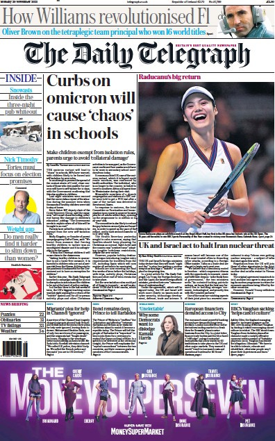 The Daily Telegraph (UK) Newspaper Front Page for 29 November 2021