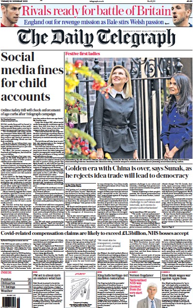 The Daily Telegraph (UK) Newspaper Front Page for 29 November 2022