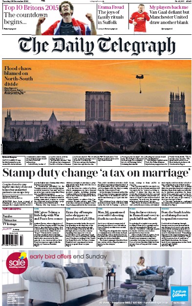 The Daily Telegraph (UK) Newspaper Front Page for 29 December 2015