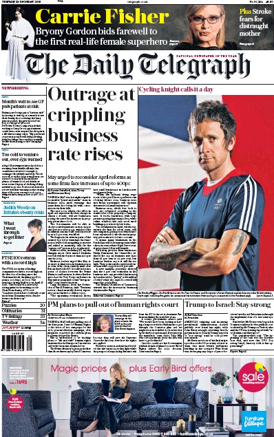 The Daily Telegraph Newspaper Front Page for 29 December 2016