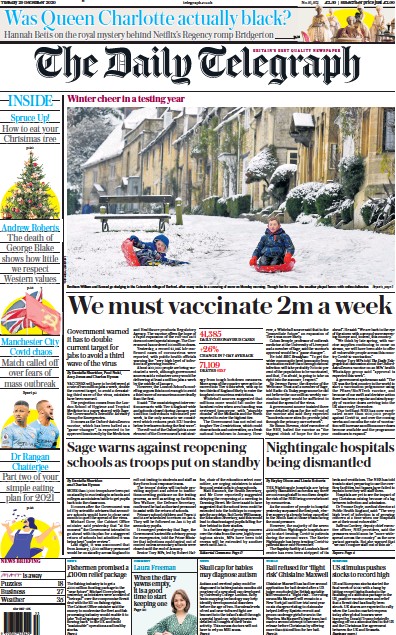 The Daily Telegraph Newspaper Front Page for 29 December 2020