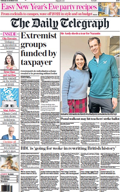 The Daily Telegraph Newspaper Front Page for 29 December 2022