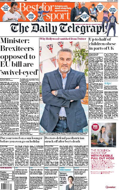 The Daily Telegraph Newspaper Front Page for 29 January 2018