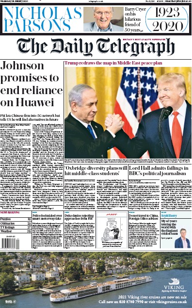 The Daily Telegraph Newspaper Front Page for 29 January 2020