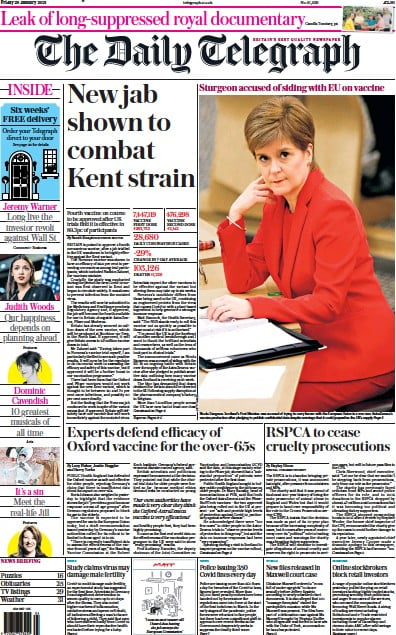 The Daily Telegraph Newspaper Front Page for 29 January 2021