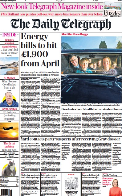 The Daily Telegraph (UK) Newspaper Front Page for 29 January 2022