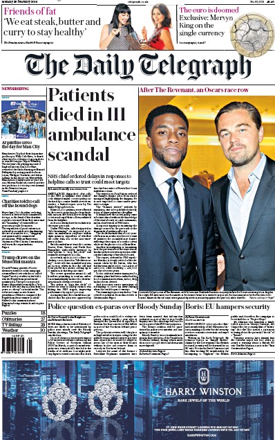 The Daily Telegraph Newspaper Front Page for 29 February 2016