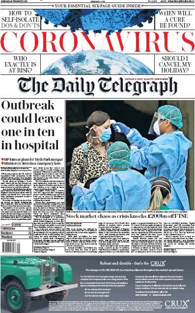 The Daily Telegraph Newspaper Front Page for 29 February 2020