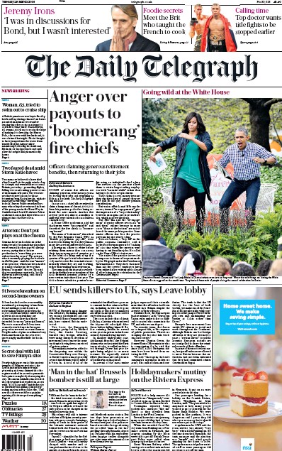 The Daily Telegraph Newspaper Front Page for 29 March 2016