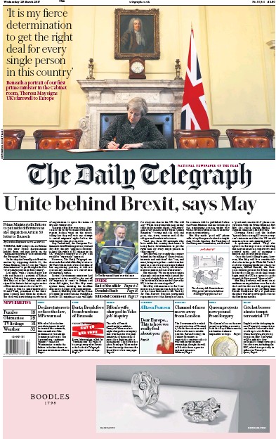 The Daily Telegraph Newspaper Front Page for 29 March 2017