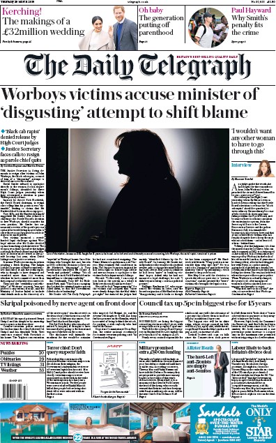 The Daily Telegraph Newspaper Front Page for 29 March 2018
