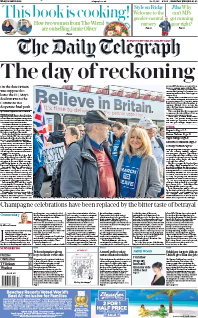 The Daily Telegraph (UK) Newspaper Front Page for 29 March 2019