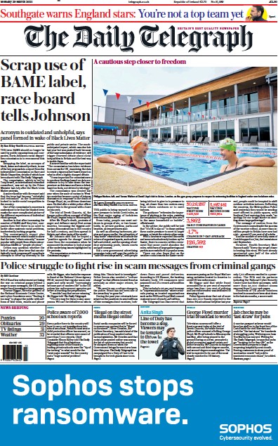 The Daily Telegraph (UK) Newspaper Front Page for 29 March 2021
