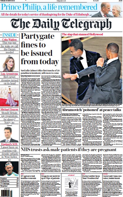 The Daily Telegraph Newspaper Front Page for 29 March 2022