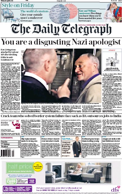 The Daily Telegraph (UK) Newspaper Front Page for 29 April 2016