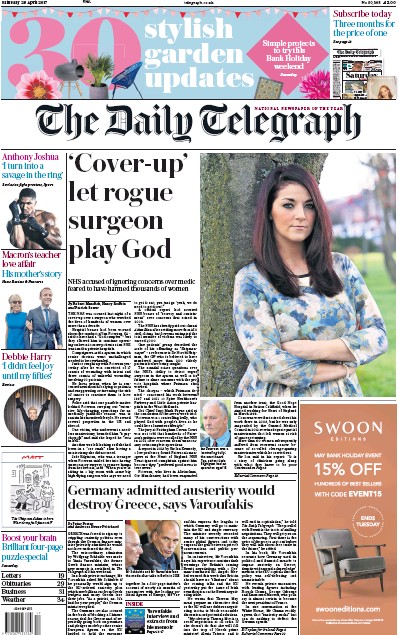 The Daily Telegraph Newspaper Front Page for 29 April 2017