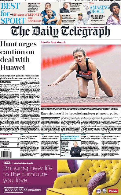 The Daily Telegraph Newspaper Front Page for 29 April 2019