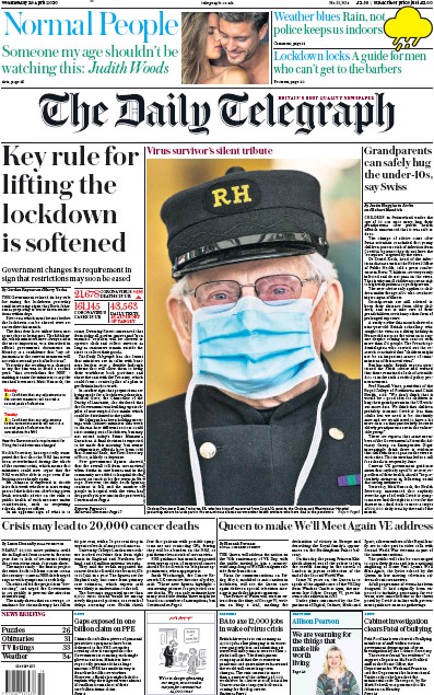 The Daily Telegraph (UK) Newspaper Front Page for 29 April 2020
