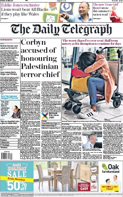 The Daily Telegraph Newspaper Front Page for 29 May 2017