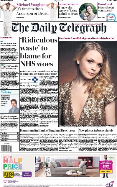 The Daily Telegraph Newspaper Front Page for 29 May 2018