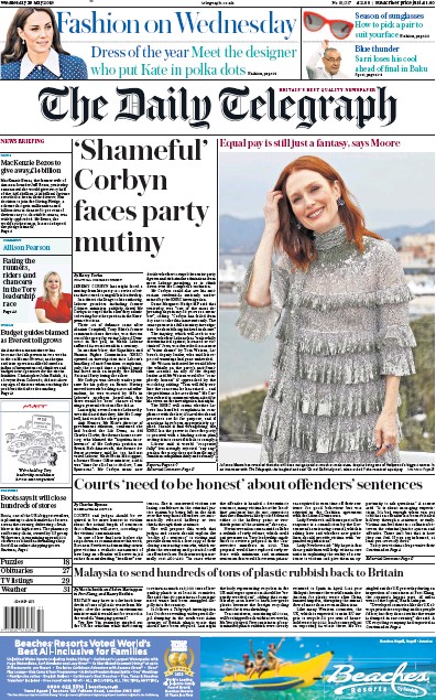 The Daily Telegraph (UK) Newspaper Front Page for 29 May 2019