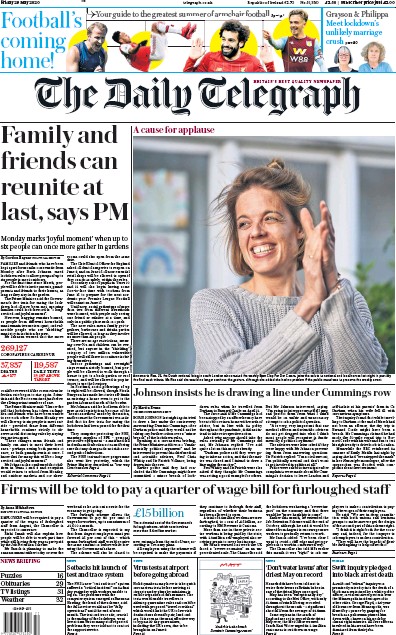 The Daily Telegraph Newspaper Front Page for 29 May 2020