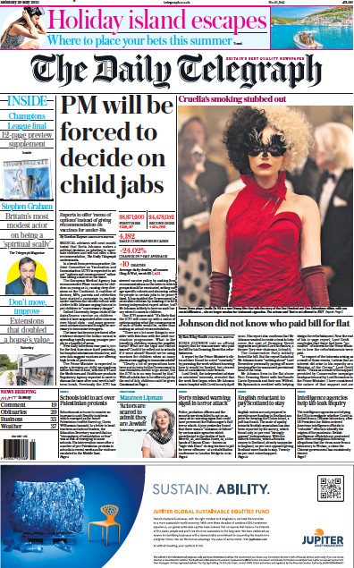 The Daily Telegraph Newspaper Front Page for 29 May 2021