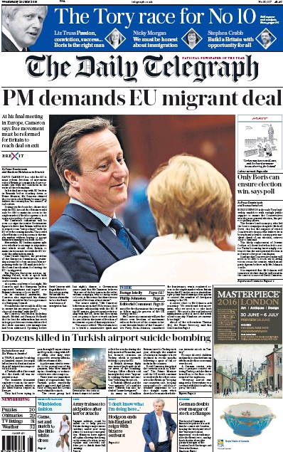 The Daily Telegraph Newspaper Front Page for 29 June 2016