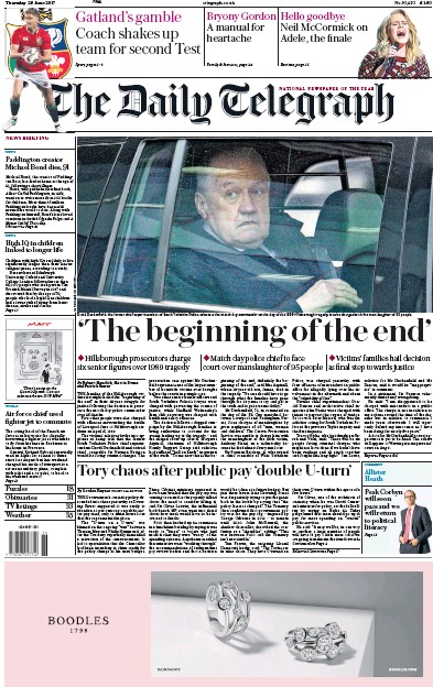 The Daily Telegraph Newspaper Front Page for 29 June 2017