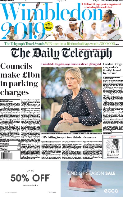 The Daily Telegraph (UK) Newspaper Front Page for 29 June 2019