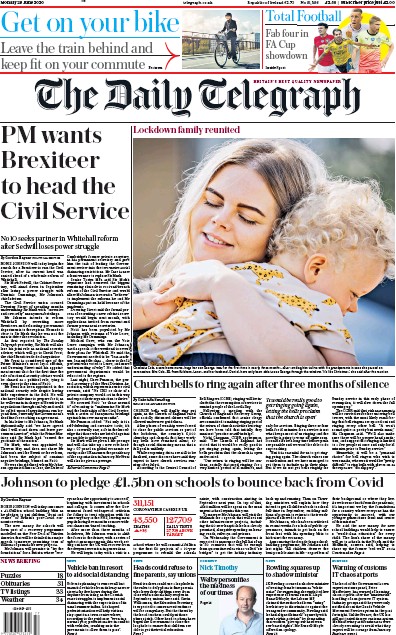 The Daily Telegraph (UK) Newspaper Front Page for 29 June 2020