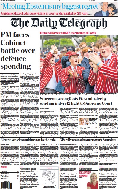 The Daily Telegraph (UK) Newspaper Front Page for 29 June 2022