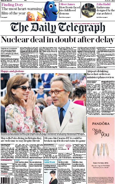 The Daily Telegraph Newspaper Front Page for 29 July 2016