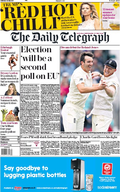 The Daily Telegraph Newspaper Front Page for 29 July 2017