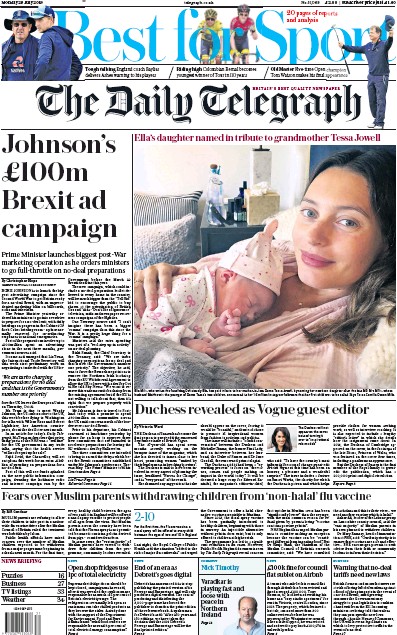 The Daily Telegraph Newspaper Front Page for 29 July 2019