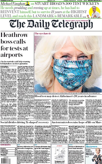 The Daily Telegraph Newspaper Front Page for 29 July 2020