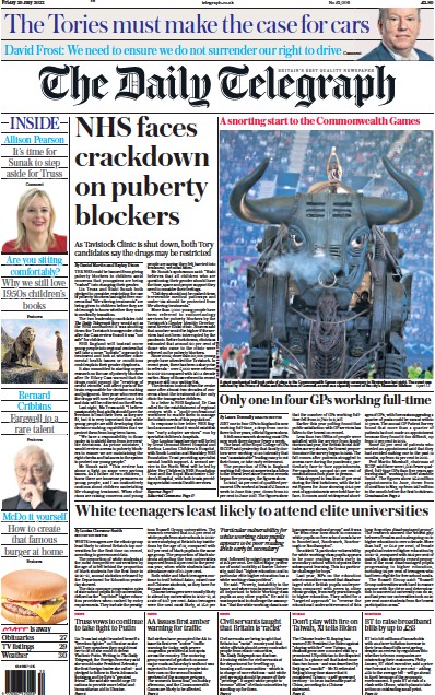 The Daily Telegraph Newspaper Front Page for 29 July 2022