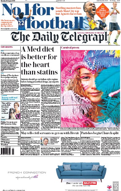 The Daily Telegraph Newspaper Front Page for 29 August 2016