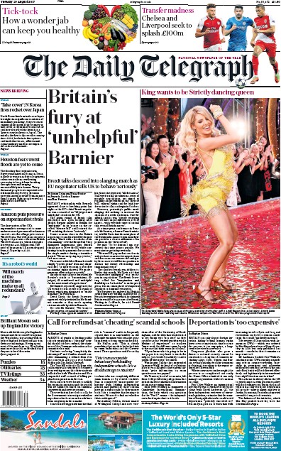 The Daily Telegraph Newspaper Front Page for 29 August 2017