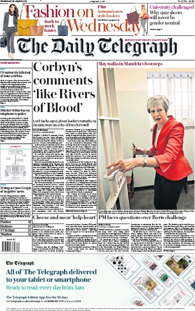 The Daily Telegraph (UK) Newspaper Front Page for 29 August 2018