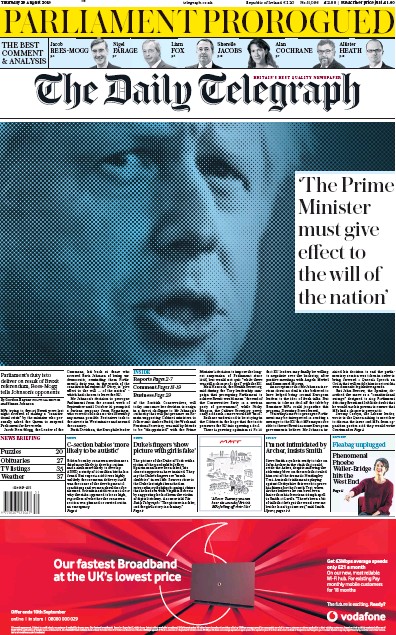 The Daily Telegraph Newspaper Front Page for 29 August 2019