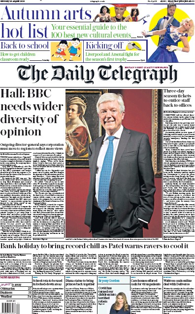 The Daily Telegraph Newspaper Front Page for 29 August 2020
