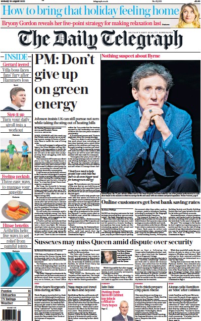 The Daily Telegraph (UK) Newspaper Front Page for 29 August 2022