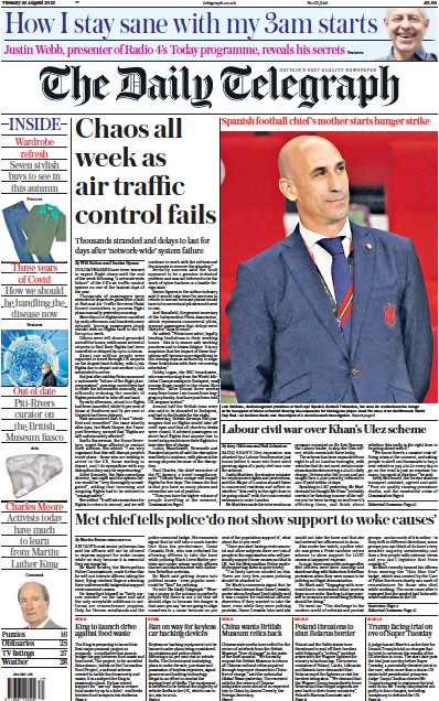 The Daily Telegraph (UK) Newspaper Front Page for 29 August 2023