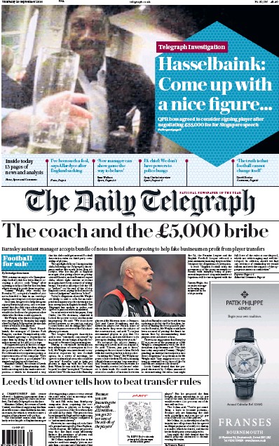 The Daily Telegraph Newspaper Front Page for 29 September 2016
