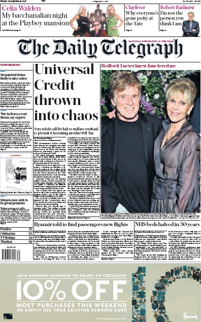The Daily Telegraph Newspaper Front Page for 29 September 2017