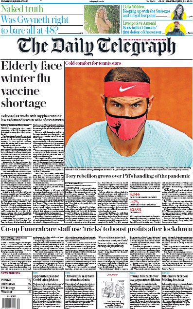 The Daily Telegraph Newspaper Front Page for 29 September 2020