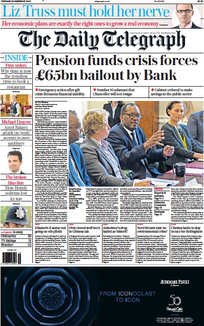 The Daily Telegraph (UK) Newspaper Front Page for 29 September 2022